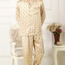 Шелк пижама, мужские шелковые Домашняя одежда, длинные рукава брюки, золото печать большие размеры, свободные взрыв 2