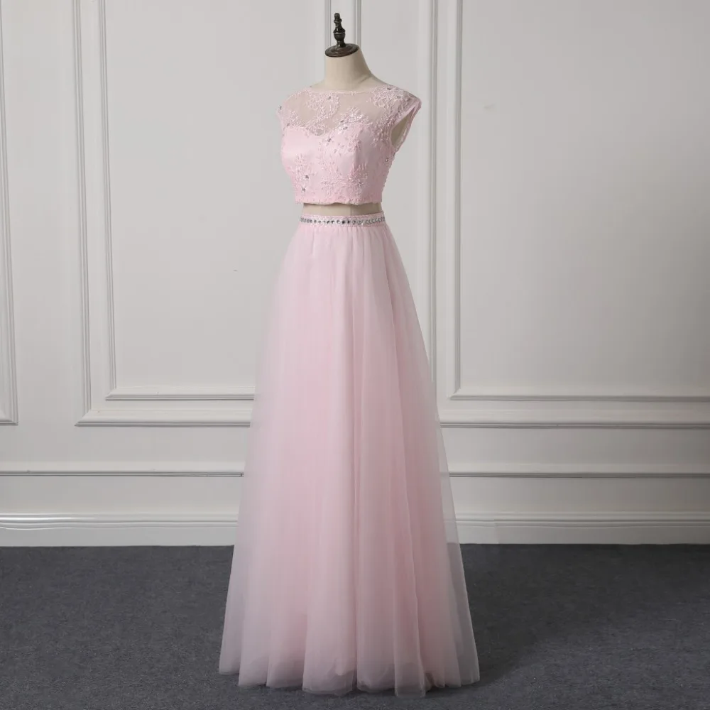 Two Piece Prom Dresses Long Pink Beaded O Neck vestidos de baile Formal