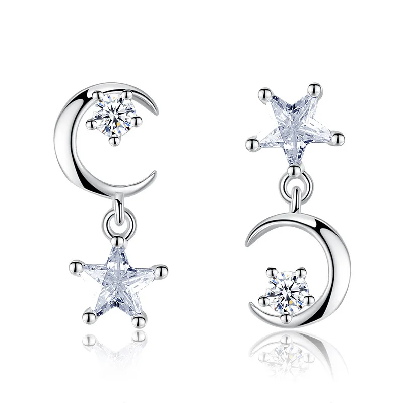Женские асимметричные серьги пуссеты с Луной и звездой из стерлингового серебра