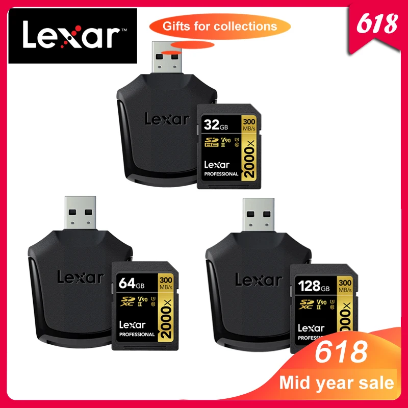 

Original Lexar 300MB/s 64GB Memory SD Card 32GB 128GB 2000x SDXC UHS-II U3 Flash Hight speed Card For 3D 4K Digital DSLR Camera