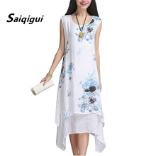 Saiqigui китайский Стиль летнее платье без рукавов, женское платье Повседневное хлопковое льняное платье в цветочном принте, с О-образным вырезом размера плюс Vestidos de festa