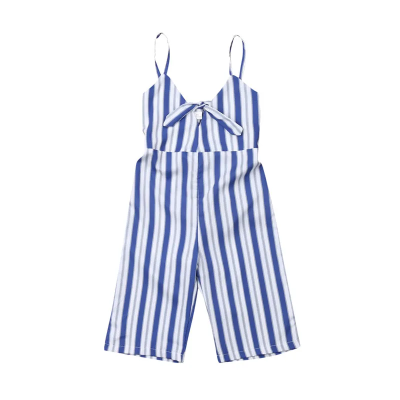 

1-6Y Brief Kids Baby Girl Clothes Slip Striped Rompers Sleeveless Strap Bow V-Neck Jumpsuit Wide Leg Pants Girl Cotton Sunsuits