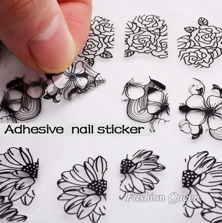 Новые 3D черные цветы наклейки для ногтей наклейки, 108 шт/лист Высокое качество металлик смешанный Дизайн Клей DIY инструмент для украшения ногтей для нейл-арта