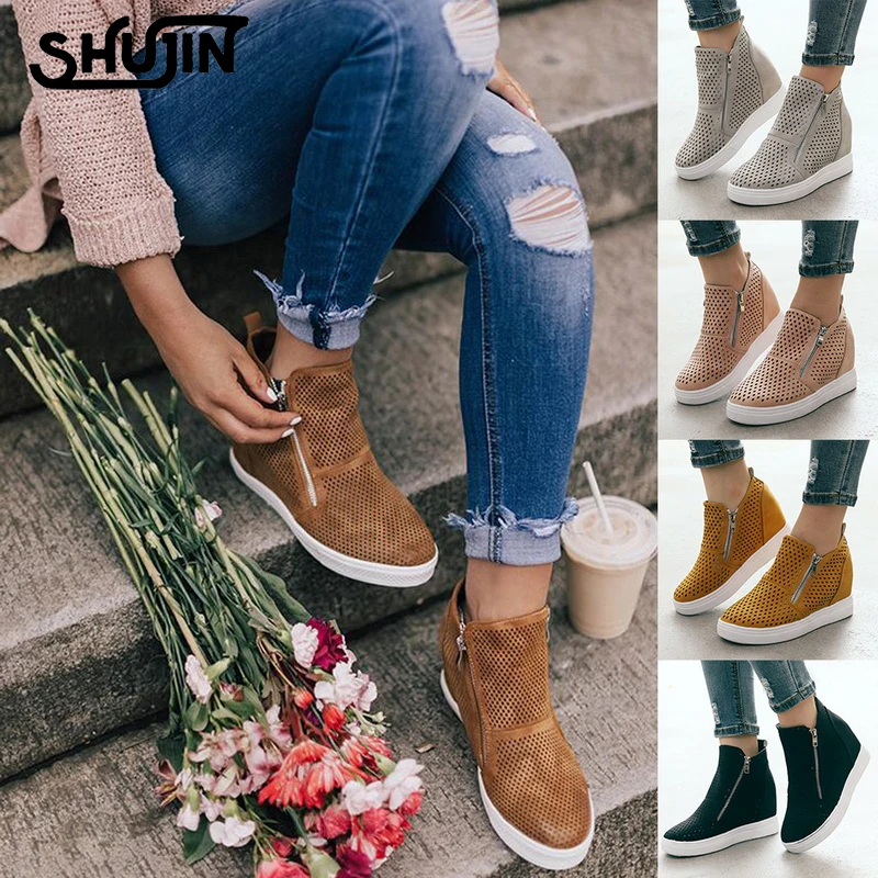 SHUJIN Autumn Women Pu Leather Sneakers Female Vulcanizate Flat Shoes Platform Casual Shoes Lady High-tops Wedge Heel Sneakers