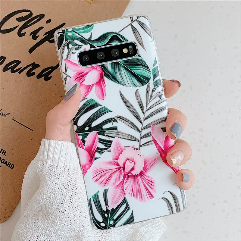 Чехол FLYKYLIN Art Leaf Flower для Samsung Galaxy S8 S9 S10 Plus S10e задняя крышка на IMD силиконовый чехол для телефона с подставкой - Цвет: Style 4