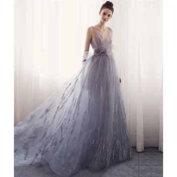 

Gray Party Dress XS-3XL Plus Size Floor-length Dresses 2019 New Spring Noble Elegant Host Banquet Chic Maxi Dress Vestidos LR133