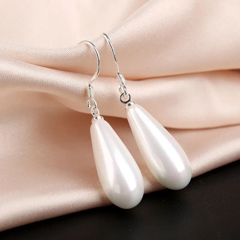 

White White Mother Of Pearl Shell bead 8x20MM Water Drop Earrings Silver Women's