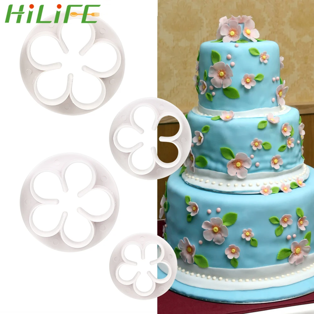 

HILILFE 4Pcs/set Flower Sets DIY Cake Mold Cutters Plum Flower Fondant Plunger Cake Decorations Bakeware Kitchen Accessories