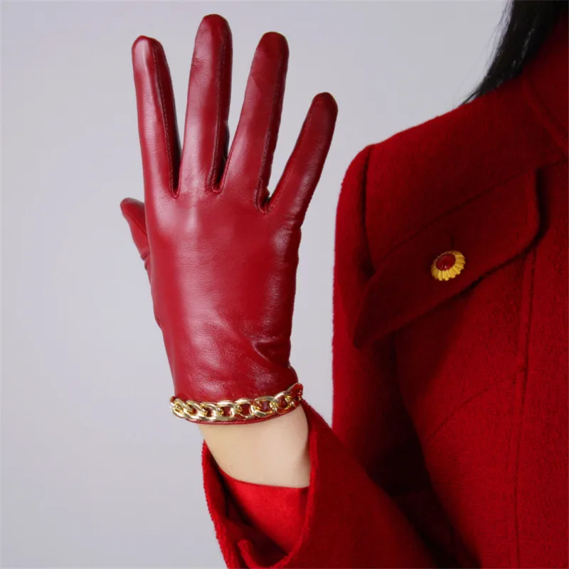 NEW 2019 Pure Sheepskin Gloves China Red Gold Color Chain Thin Velvet Lined Keep Warm Woman's Genuine Leather Gloves TB93-2
