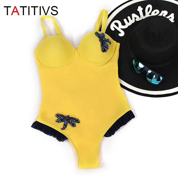 TATITIVS, летний женский слитный купальник, Одноцветный, сексуальный, с вырезами, бразильский купальник, бриллиантовый, сетчатый, боди, купальники, монокини - Цвет: Yellow