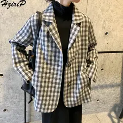 Hzirip 2018 женская верхняя одежда с длинными рукавами Повседневное пиджаки для женщин пальто свободные офисные женские туфли однобортный плед