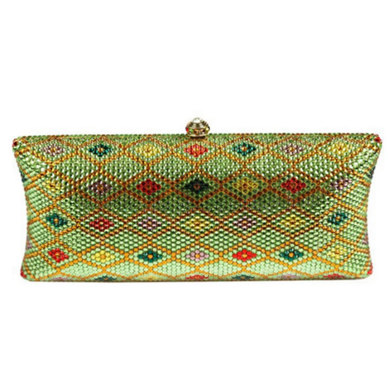 XIYUAN BRAND green plaid Hard Case Metal Women Crystal Evening Clutches