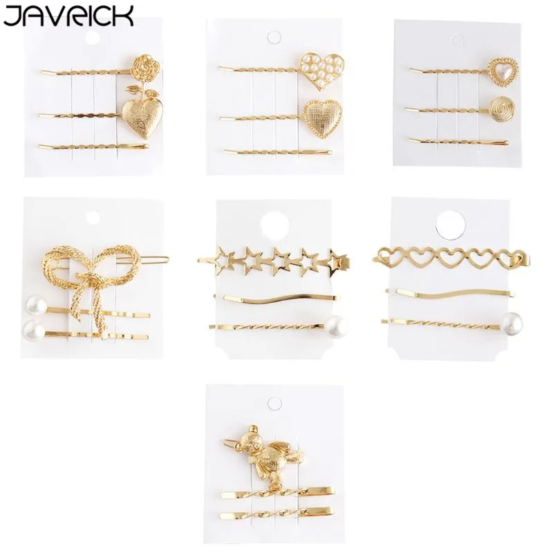 

Minimalist Women Metallic Glitter Gold Wavy Hair Clips Cute Bear Hollow Out Bowknot Heart Bobby Pins Faux Pearl Styling Barrette