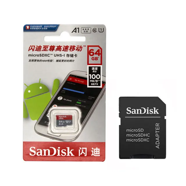 A1-TF-64G-SD-Adapter Оригинальная карта Micro SD sandisk Ultra, класс 10, 16 ГБ, 32 ГБ, MicroSD, 64 ГБ, 128 ГБ, A1, 100 МБ/с./с,, карта памяти microSDHC/SDXC UHS-1 - Емкость: A1-TF-64G-SD-Adapter