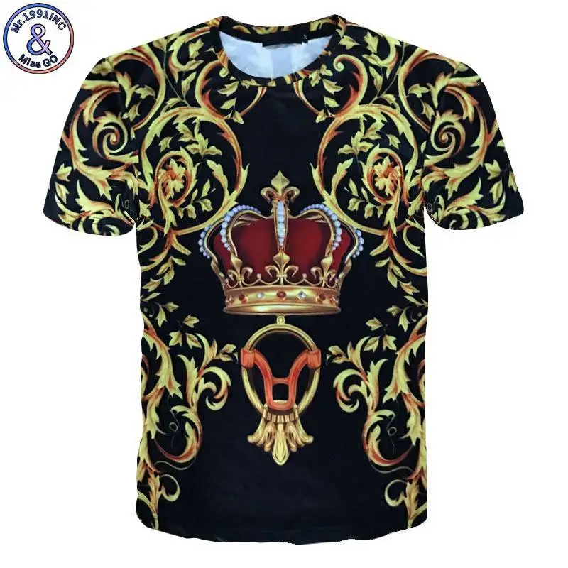 

Summer style Mens 3d Floral Luxury Print T-shirt 2019 New Golden Crown T-shirt Fashion Brand Clothing Man Casual Slim Fit Tops