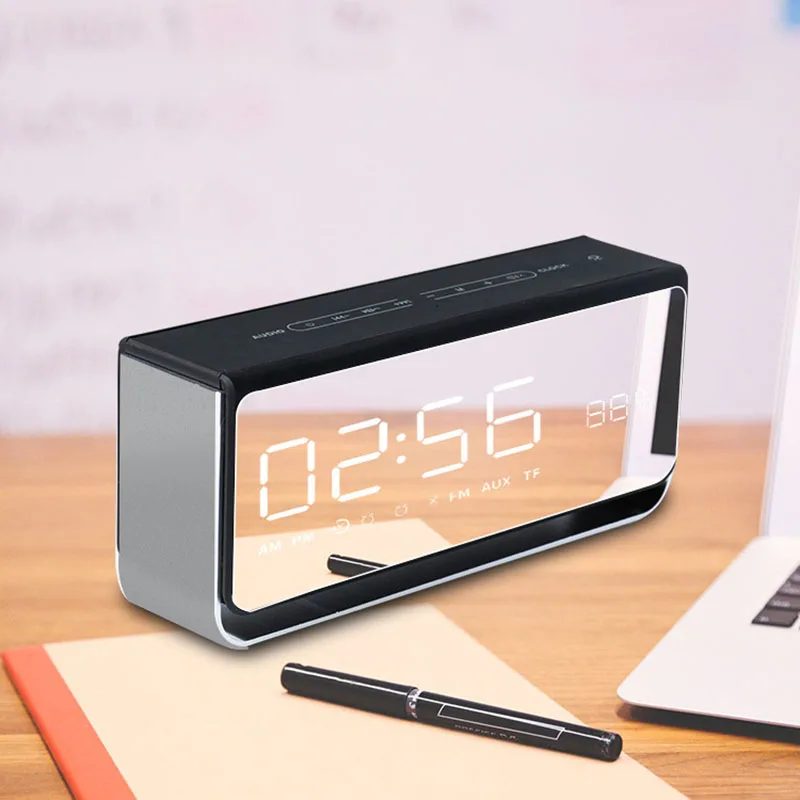 

HOT Portable Bluetooth Wireless Speaker Support FM Card Mirror Alarm Clock Light Speaker BUS66