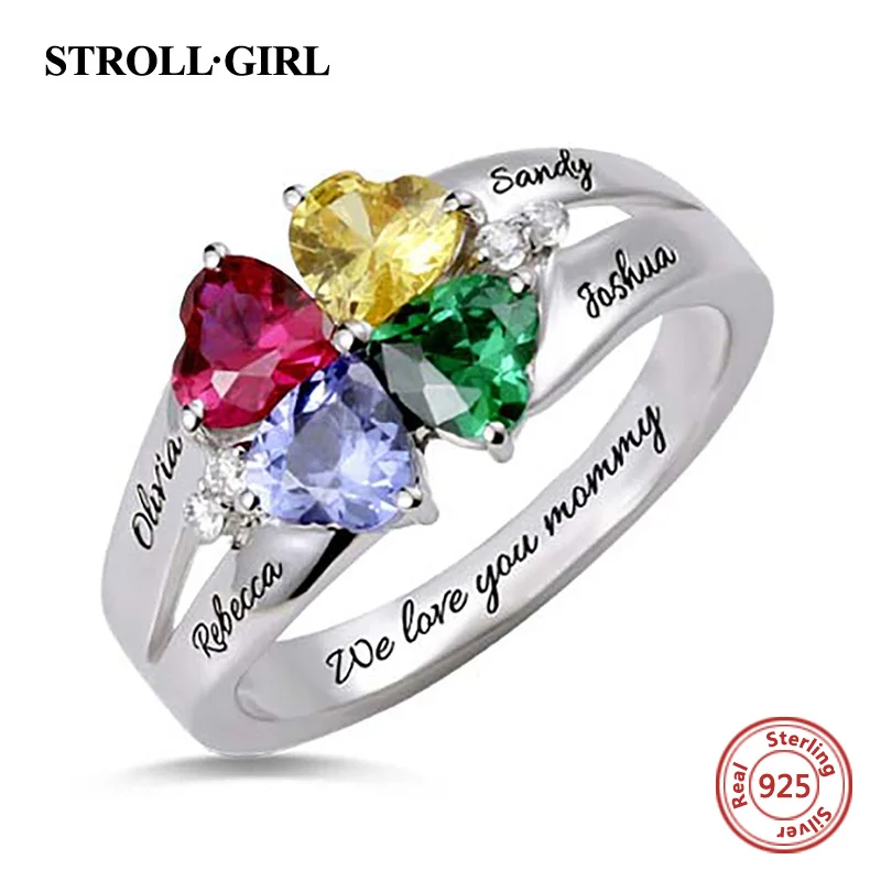 

Strollgirl 925 Sterling Silver Custom Four-Heart Birthstone Engraved Names Ring for Mother's Day Gift Stelring Silver Jewelry