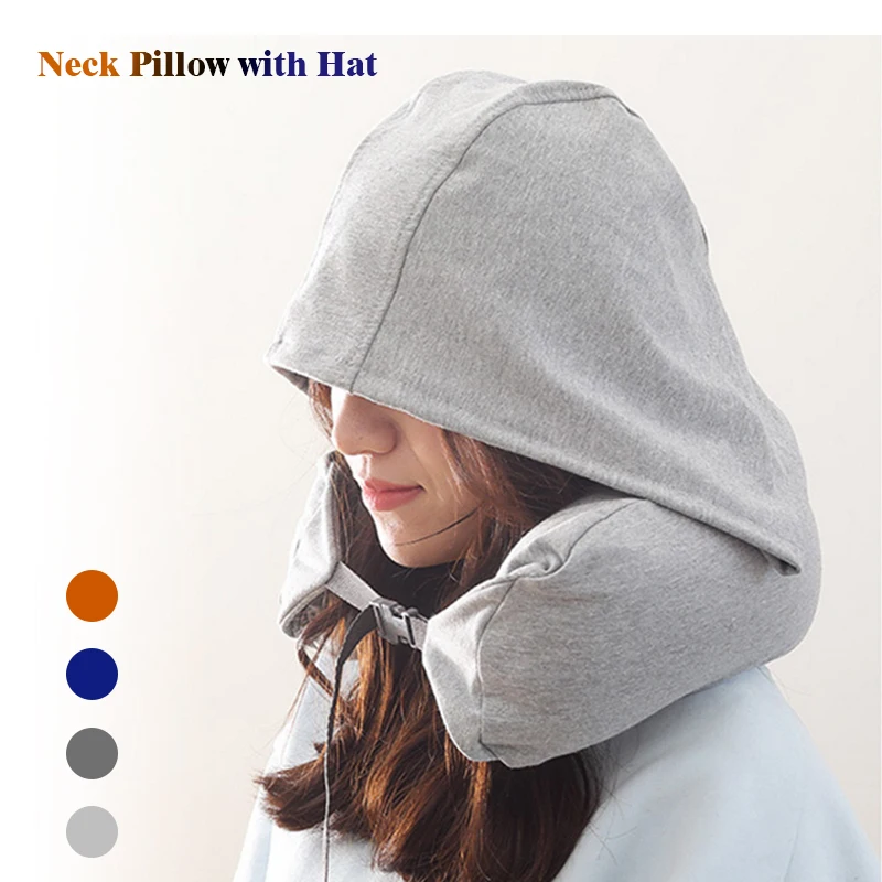 

Neck Pillow with Hat,Airplane Travel Kit Soft Micro-Fleece Fabric Hat Pillow Sleep Slow Memory Neck Support Cushion Car U-Pillow
