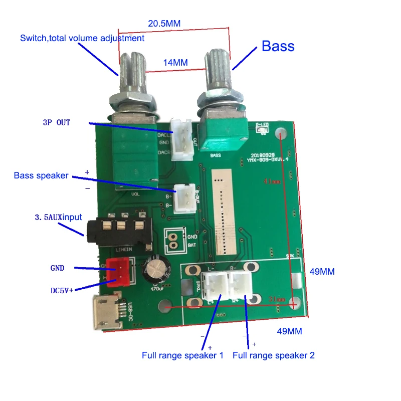 5.0 Bluetooth amplifier 5W*2+10W 2.1 channel stereo digital amplifier board 5V3A with bass adjustment