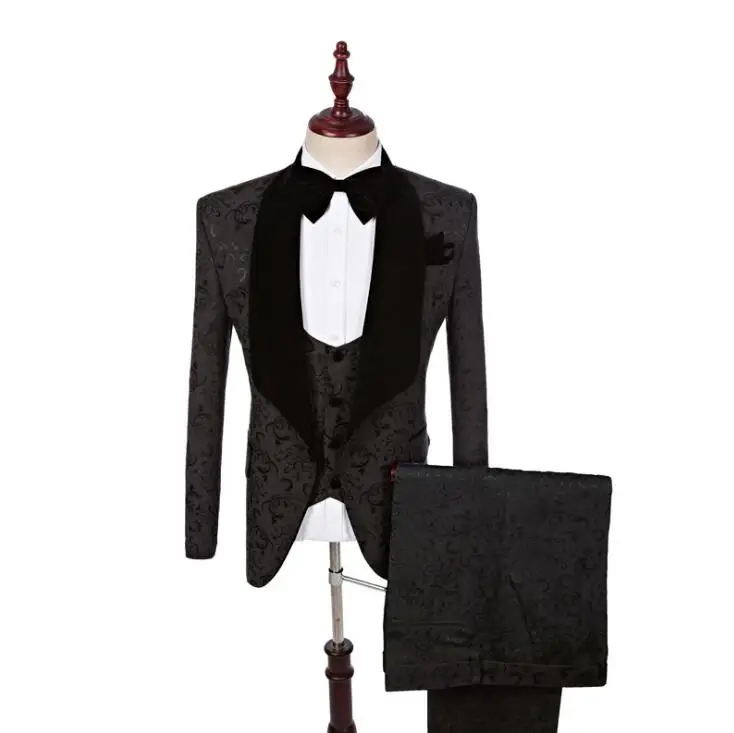 FOLOBE бренд 2020 3 шт костюм Slim Fit Мужская шаль отворот черный жаккард Свадьба Жених