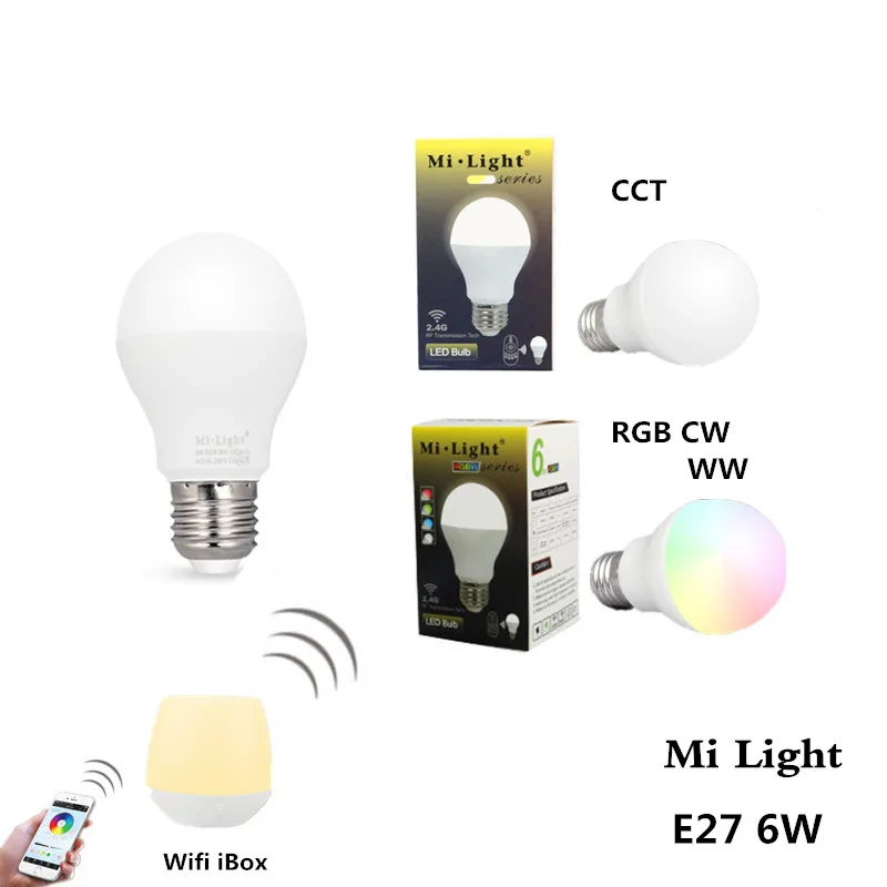 

Mi Light Dual White RGBW LED Bulb AC86~265V Dimmable E27 6W CCT Cool Warm White RGBCW RGBWW WiFi Remote Control Smart Lighting