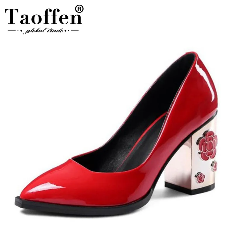 

TAOFFEN Size 34-43 Vintage Women Real Genuine Leather High Heel Shoes Women Flower Pointed Toe Thick Heel Pumps Women Footwears