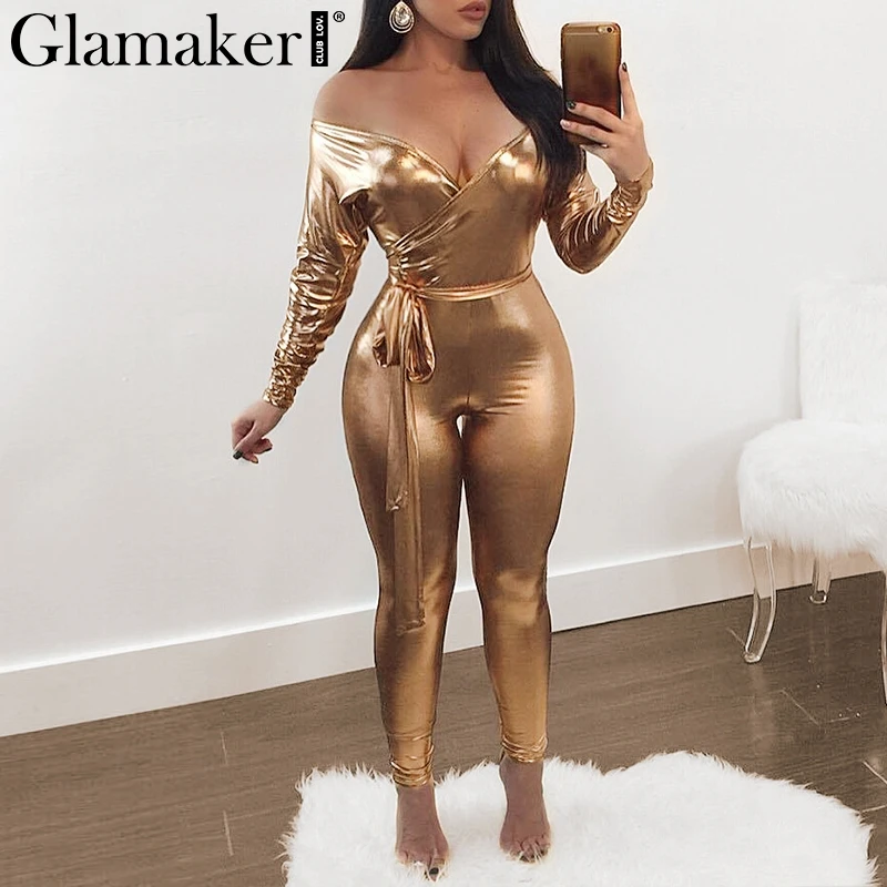 

Glamaker Gold long sleeve v-neck boydcon jumpsuit Women high waist off shoulder jumpsuit Elegant belted jumpsuits rompers summer