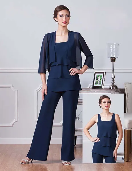 Elegant Navy Blue Chiffon Pants Suits For Mother Of The Bride Square Neckline Cheap Dresses Party Evening For Wedding Mothers Guest Dress