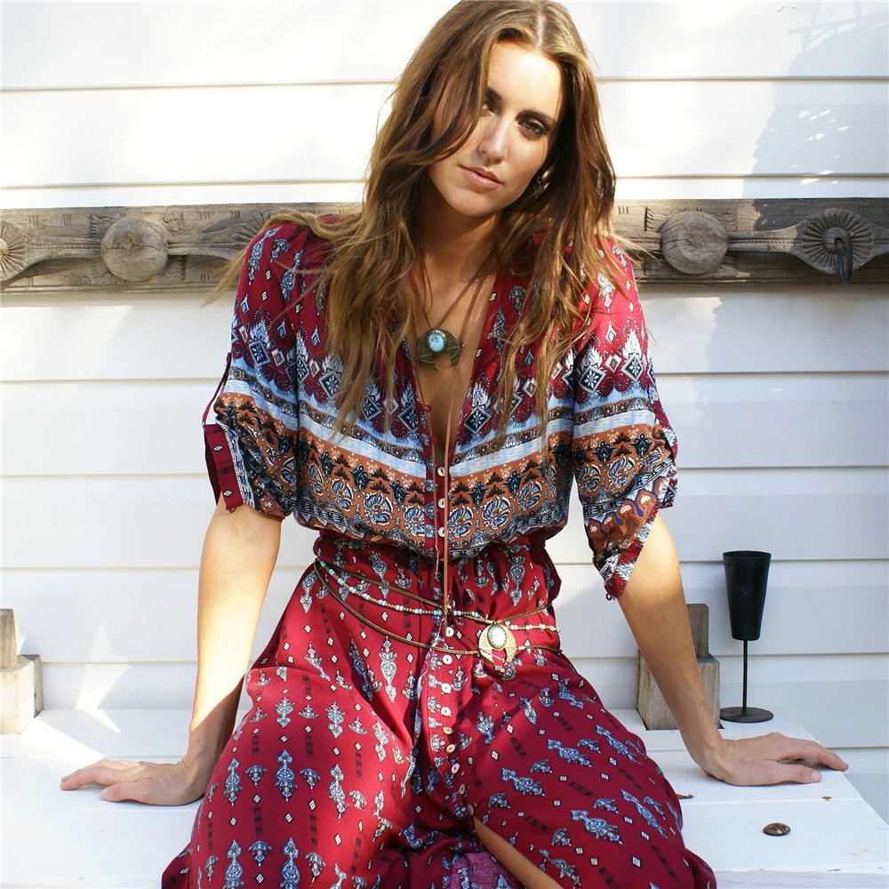 

Bohemian Style Summer Long Dress Women Holiday Outfit Cardigan Quilted Printed Split Front Hem Deep V-neck Beach Dresses