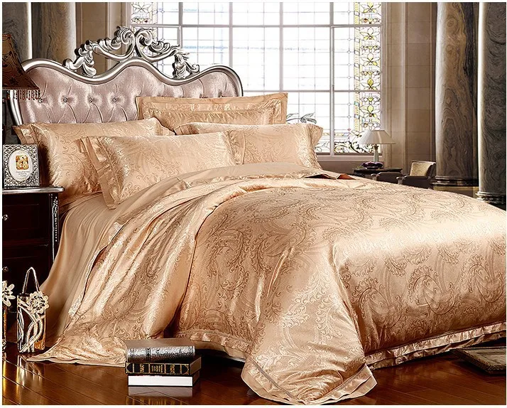 Luxury gold satin jacquard bedding set king queen size duvet cover