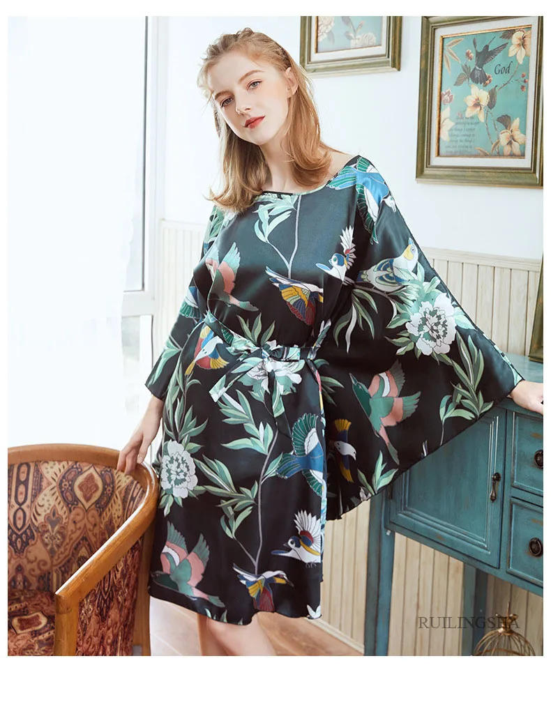 Women Long Sexy Silk Nightwear Satin Floral Sleepwear Bat Sleeve Knee Length Sleepshirts Wine Nightdress Night Wear Dress Gown