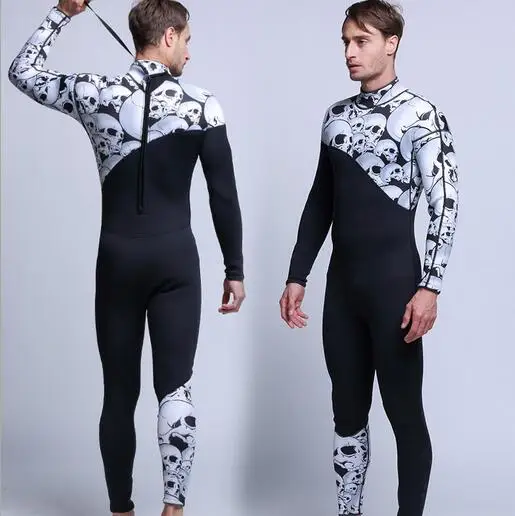 

3mm Skull print Neoprene Men Wetsuit Stretch Back-Zip Warm Wet Suit Scuba Surf Diving S-2XL