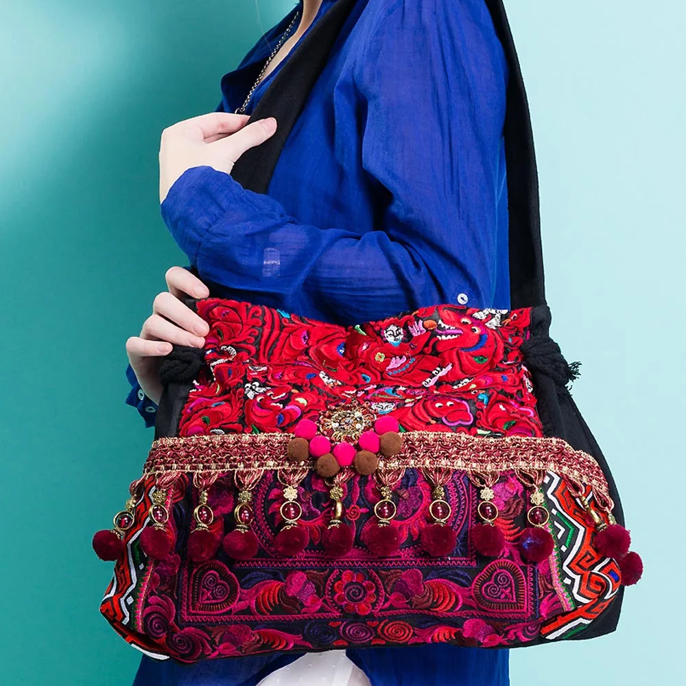 Оригинальная женская сумка, национальная, тайская, индийская, Цветочная, вышитая, бохо, холщовая, на плечо, сумка-мессенджер, винтажная, с кисточками, для путешествий