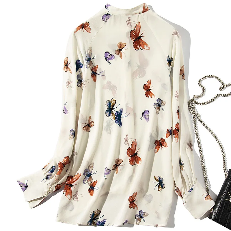Рубашка с бабочкой, весна-лето, высокое качество, шелковая женская рубашка, Асимметричный Стиль, длинный рукав, повседневная, размера плюс, женская блузка