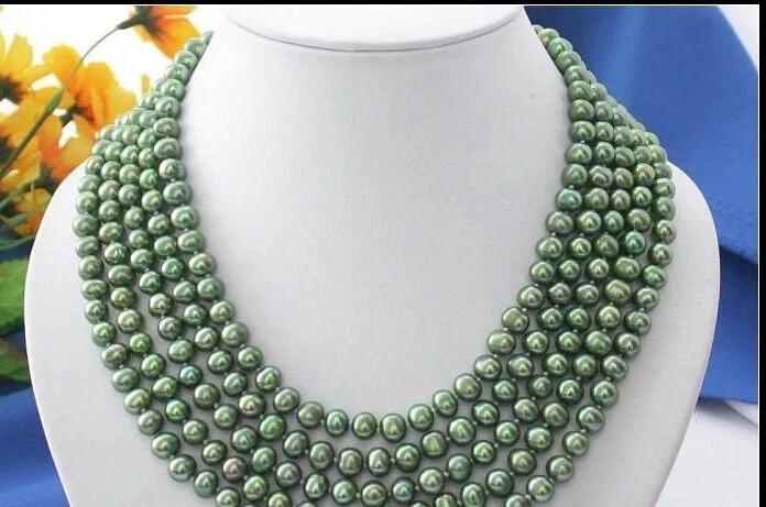 

Charming 5ROW 8MM GREEN ROUND FRESHWATER CULTURED PEARL NECKLACE
