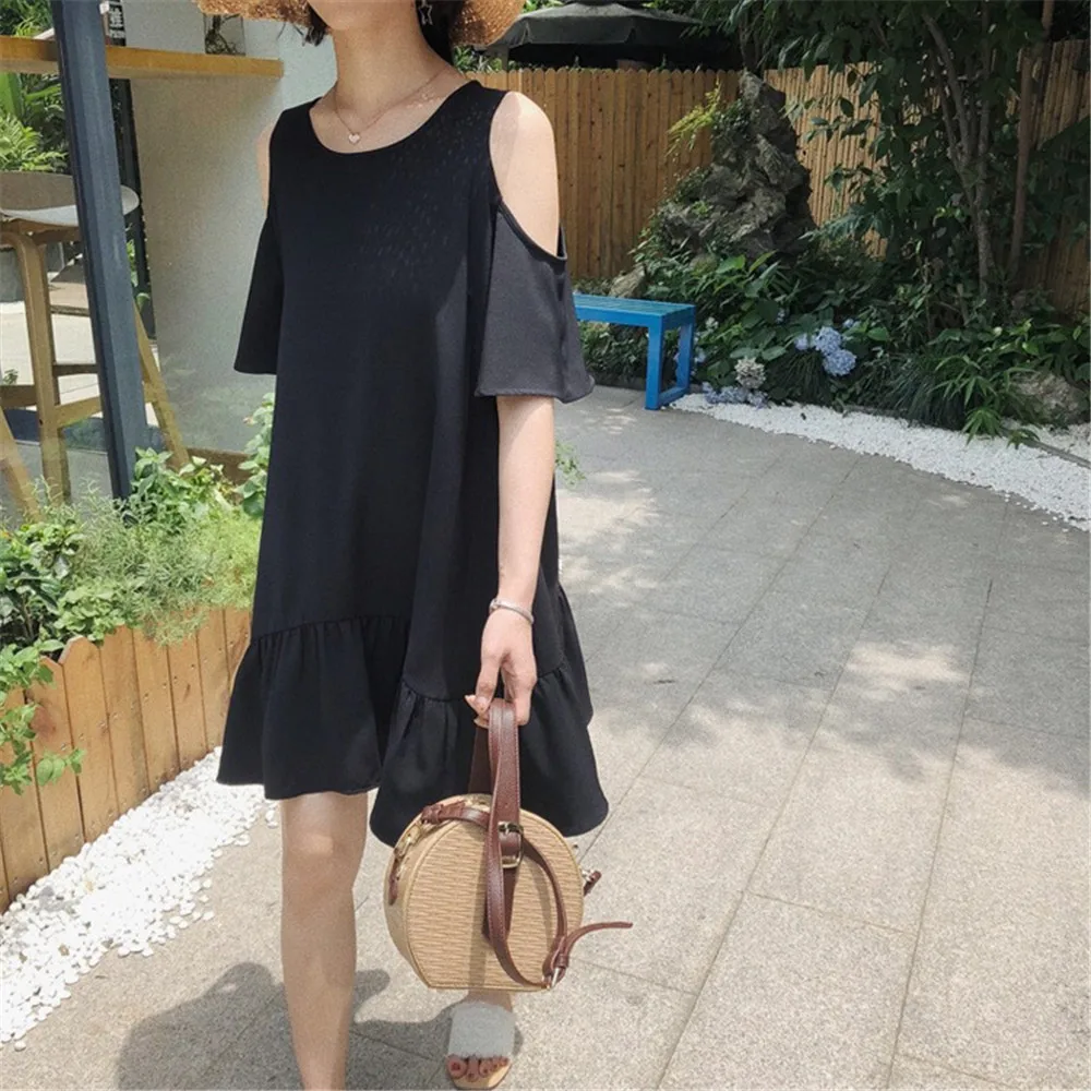 High quality Big Hem Black Summer Dress 2018 Hollow Out Shoulder Casual Dresses For Women Vacation Dress Vestidos All Match 1296 (6)