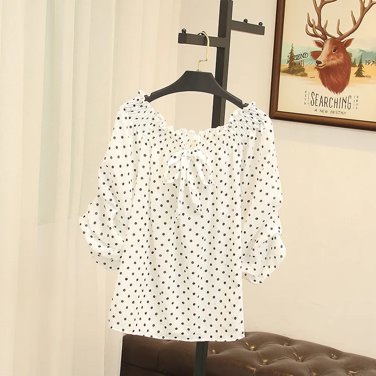 Summer Sweet Blouse Women Plus Size 3 XL Casual Lace Up Bow Polka Dot Blouse Shirt SWM889