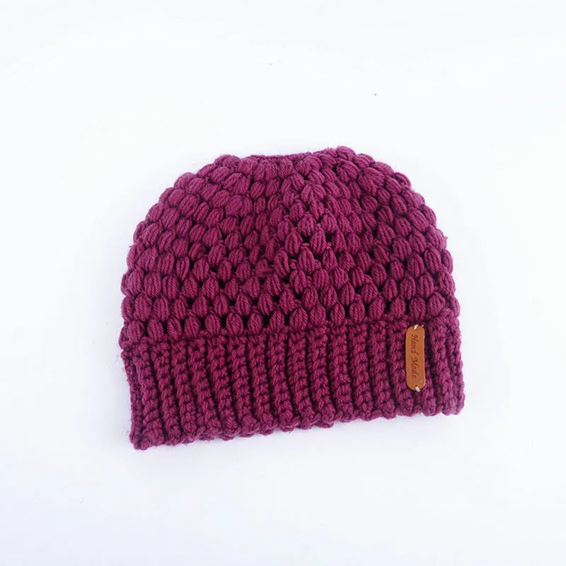 Зимние теплые шапки с дырками, Женский хвостик, Шапка-бини, Женская Шапка-бини, растягивающаяся, вязанная крючком, конский хвост, модная женская шапка - Цвет: Фиолетовый
