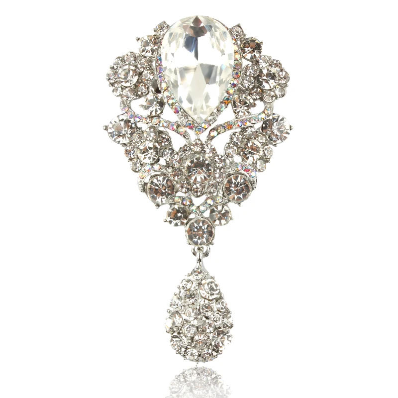 

New Arrival Clear Teardrop Fashion Crystal Diamante Brooch Pins for Women in Silver color