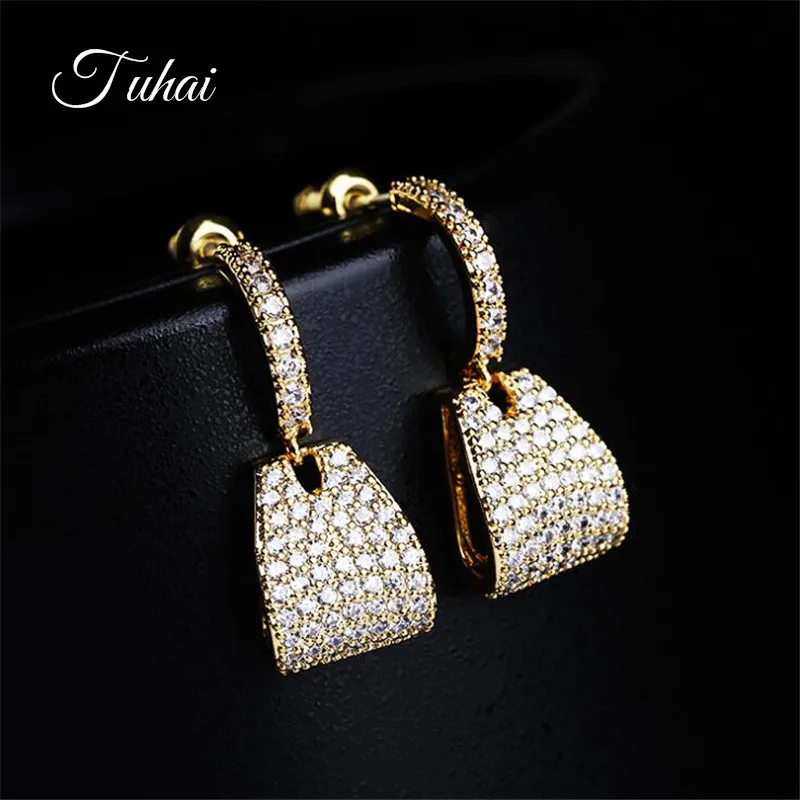 

925 Silver Needle Full Rhinestone Zircon Geometric Pendant Stud Earrings for Women Wedding Party Jewelry Gifts Gold Color