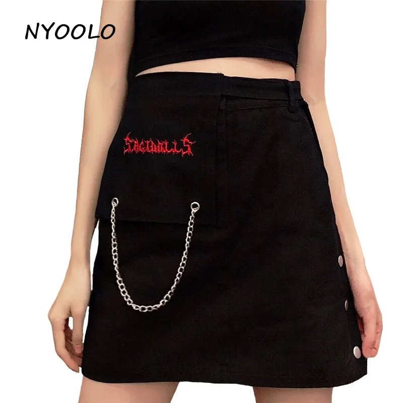 

NYOOLO Harajuku style big pockets letters embroidery high waist black skirt Summer streetwear Chain A-line mini skirt women