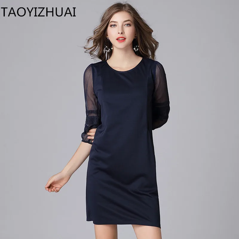 

TAOYIZHUAI 2019 Spring Vintage Large Size Publish Blue Three Quarter Puff Sleeves Pocket Moderate Straight Women Dress 14005