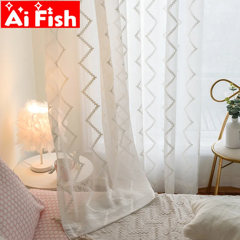 

Cotton Embroidered Stripes Vertical White Semi-shading Solid Window Screen Curtains For Living Room Gauze Bedroom Panel MY093#40