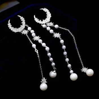 SINZRY elegant Korean stylish long earrings cubic zirconia new moon star imitation pearl tassel party earrings for women