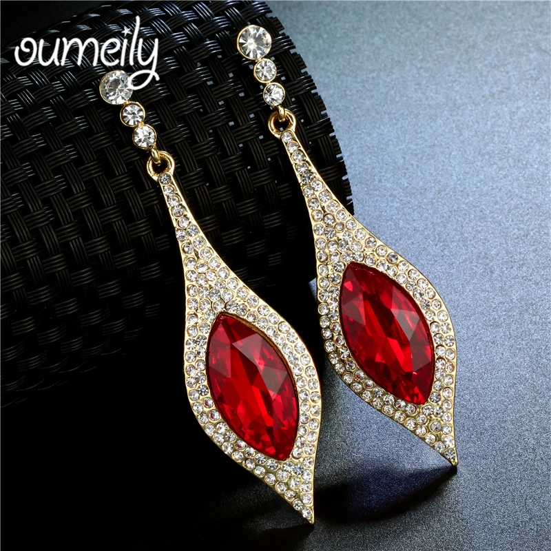 

OUMEILY 2018 Austrian Long Blue Crystal Earrings Colorful Fancy Water Drop Earrings Elegant Earrings Jewelry for Women Earing