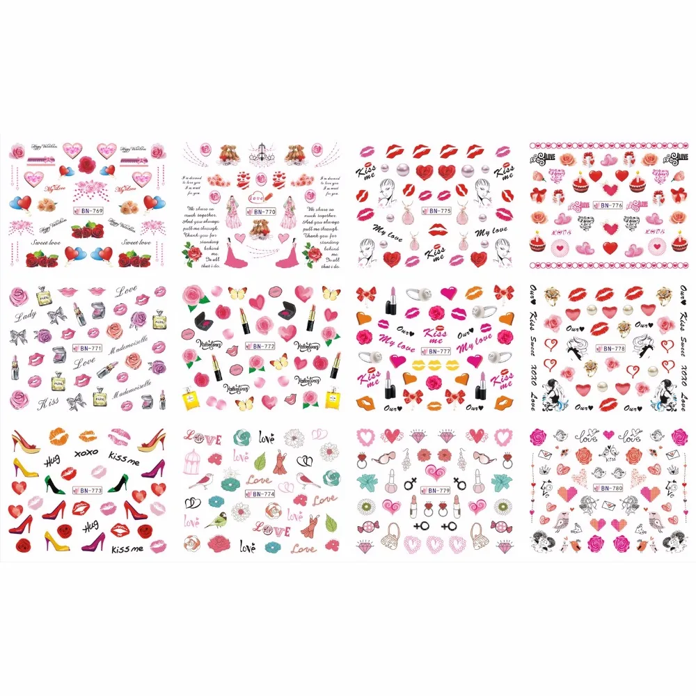 UPRETTEGO 12 упак./лот переводка NAIL ART Наклейки для ногтей на День святого Валентина