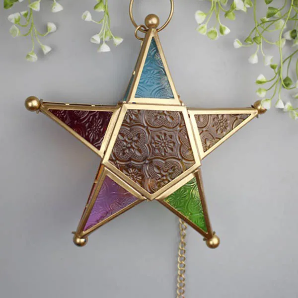 Five-pointed Star Candle Holder Moroccan Style Hanging Glass Metal Lantern TN99