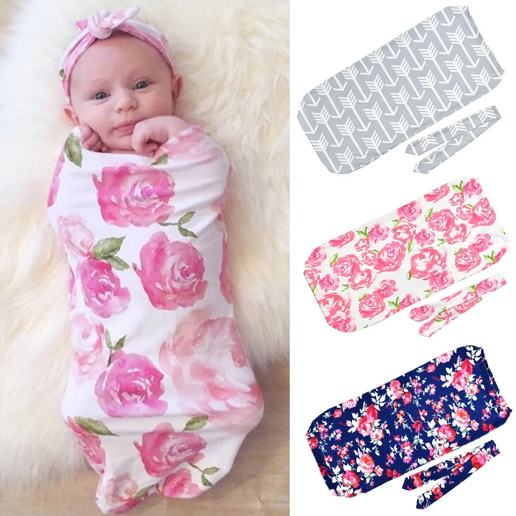 

Baby Kids Headband Bow For Girl Cotton Blanket Swaddle Print Sleep Sack Headband Set Newborn Kids Turban Accessoire Gift L0514