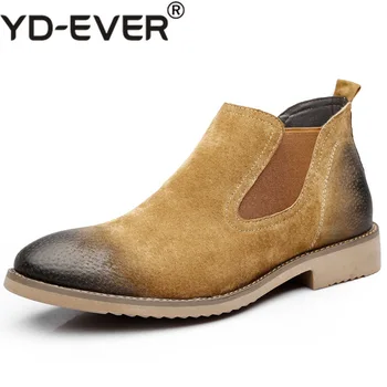 

YD-EVER Men Chelsea Boots Genuine Suede Leather Sewing Thread Men Ankle Boots Britain Style Shoes Leather Men Boots