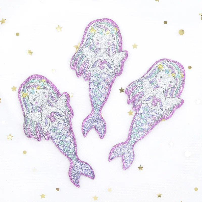 5Pcs 40*83mm Glitter Fabric Appliques Mermaid Padded Patches for Clothes Sewing Supplies DIY Headwear Hair Clips Ornament H32